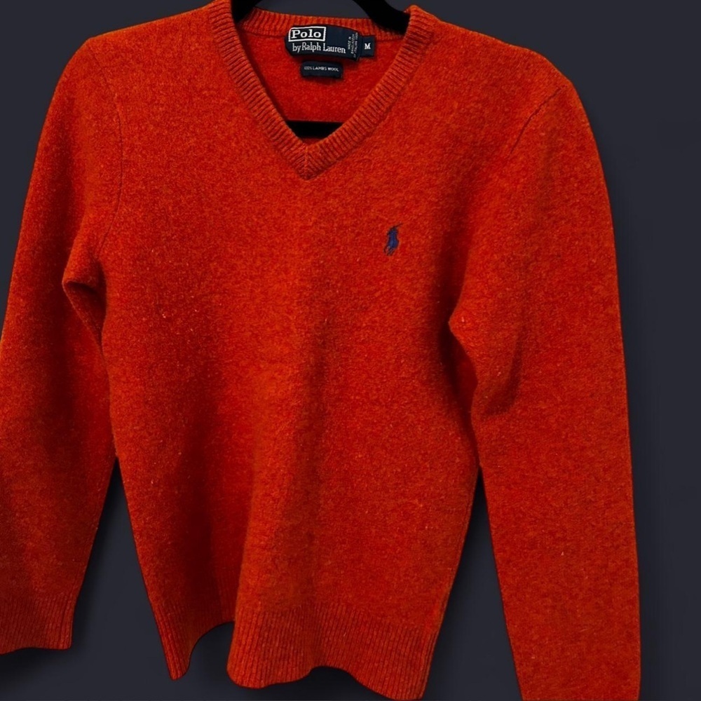Vintage Polo by Ralph Lauren Men's V-Neck Sweater in Vibrant Orange